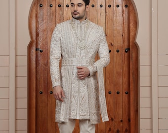 Elfenbeinweißer, bestickter Sherwani für Herren, Herren-Hochzeits-Sherwani, Bräutigam-Hochzeits-Sherwani, Herren-Sherwani, Sherwani für Herrenhochzeiten, Sherwani