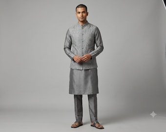 Graue Farbe Seide Nehru Jacke mit Seide Kurta Pyjama,Kurta Pyjama mit Jacke,Kurta mit Nehru Jacke,Nehru Jacke für Männer
