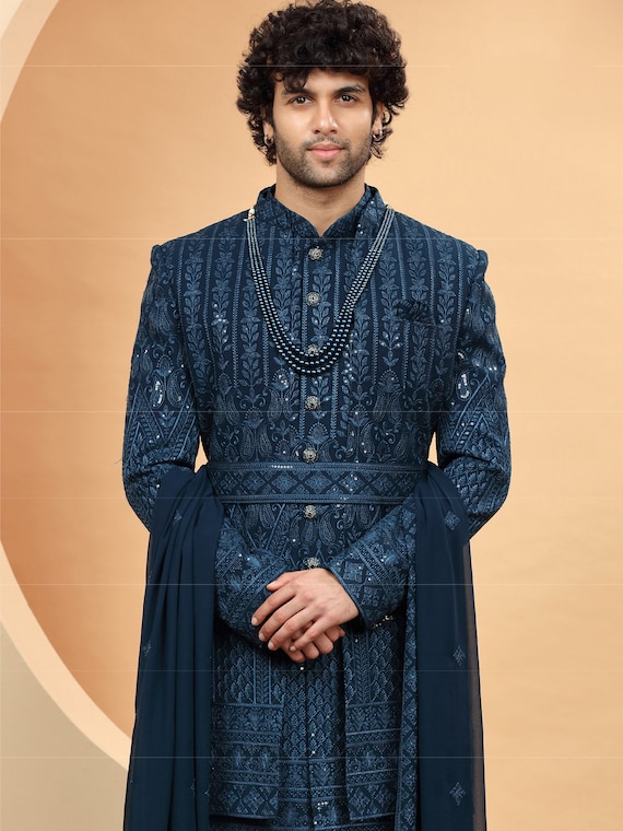Blue Embroidered Sherwani for Groom men Wedding Sherwani mens Indowestern groom Wedding Sherwani men Sherwani for Wedding sherwani for Men Etsy UK