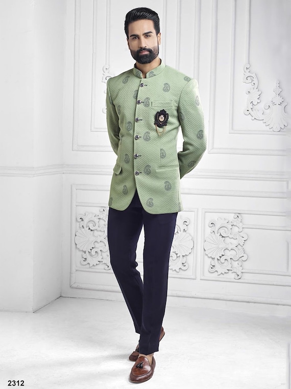 Green Colour Imported Fabric Mens Jodhpuri Suit.