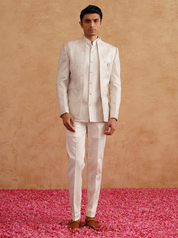 White Designer Jodhpuri Suit, Men's Wedding Outfit