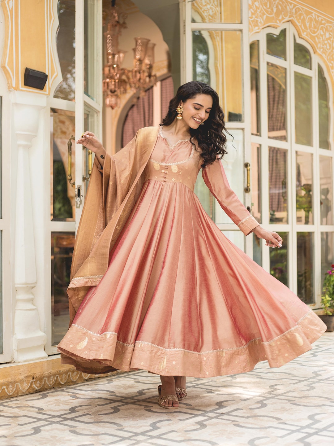 Rose Gold Color Zari Weave Tissue Silk Anarkali Suit Set With Dupata - Etsy Israel Rose Gold Color Zari Weave Tissue Silk Anarkali Suit Set With Dupata - Etsy Israel