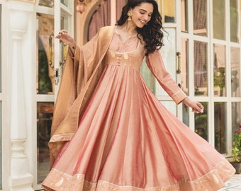 Rose Gold Color Zari weave Tissue Silk Anarkali Suit Set With Dupata