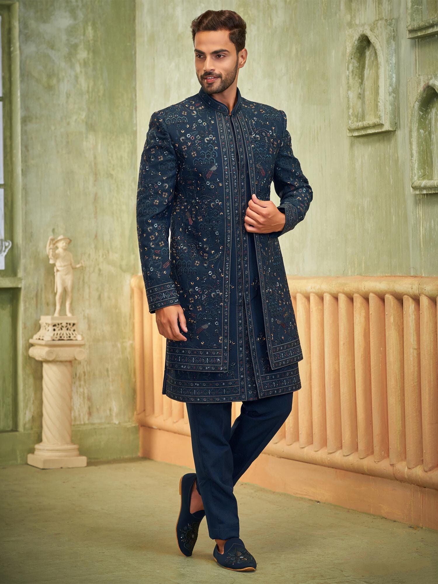 Buy Teal Green Embroidered Jacketed Indo Western Sherwani,mens