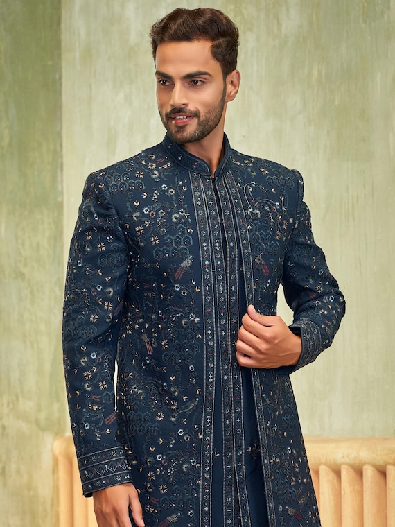 Teal Green Embroidered Jacketed Indo Western Sherwani,mens Wedding