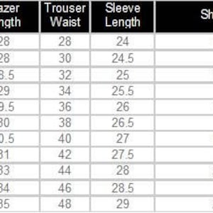 May include: A detailed size chart for men's blazers and trousers, with measurements in inches. The chart includes sizes for bare chest, garment size, blazer length, trouser waist, sleeve length, shoulder, and neck.