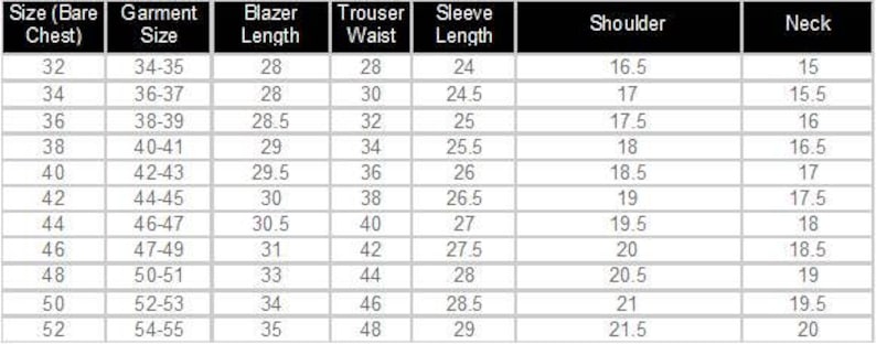 May include: A detailed size chart for men's blazers and trousers, with measurements in inches. The chart includes sizes for bare chest, garment size, blazer length, trouser waist, sleeve length, shoulder, and neck.