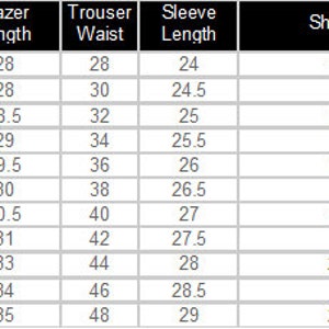Puede incluir: Tabla blanca con medidas de traje, incluyendo talla de pecho, talla de prenda, largo de blazer (pulgadas), cintura de pantal&oacute;n (pulgadas), largo de manga (pulgadas), hombro (pulgadas) y cuello (pulgadas).