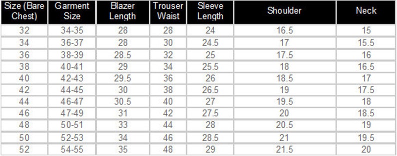 Puede incluir: Tabla blanca con medidas de traje, incluyendo talla de pecho, talla de prenda, largo de blazer (pulgadas), cintura de pantal&oacute;n (pulgadas), largo de manga (pulgadas), hombro (pulgadas) y cuello (pulgadas).