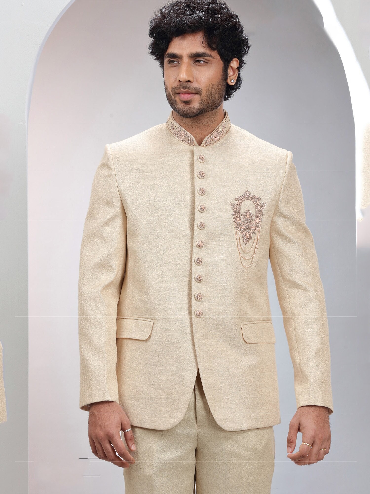 Buy Art Banarasi Silk Jodhpuri Suit In Cream and Multi Colour Online :  279908 - Gown