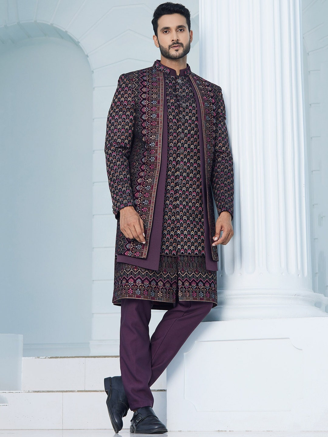 Purple Indo Western Dress For Mens Wedding Purple Hand Embroidered Indo Western For Men,indowestern For Purple Indo Western Dress For Mens Wedding Purple Hand Embroidered Indo Western For Men,indowestern For