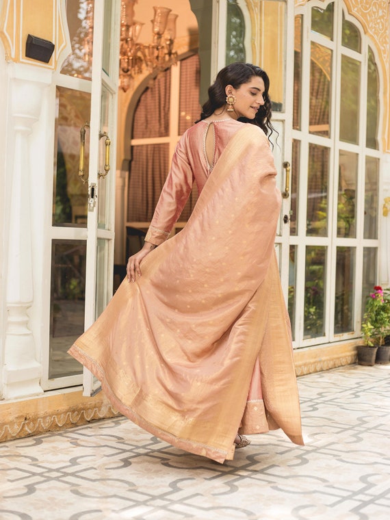 Rose Gold Color Zari Weave Tissue Silk Anarkali Suit Set With Dupata - Etsy  Israel