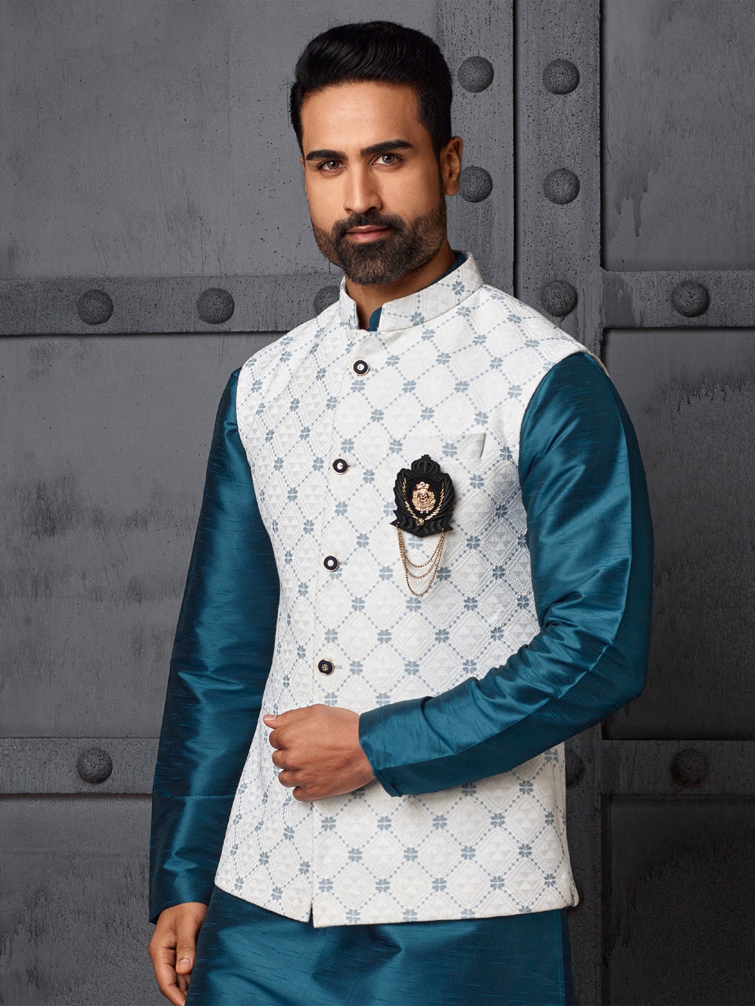 White kurta pajama with blue waistcoat sale