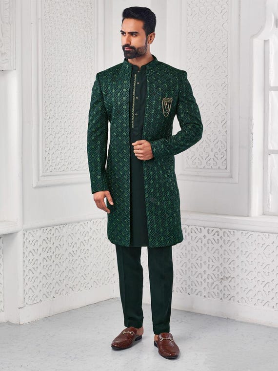 green indo western dress men Dark Green Indo Western Jacket Kurta Set with Mirror & Sequins Work XXL-44