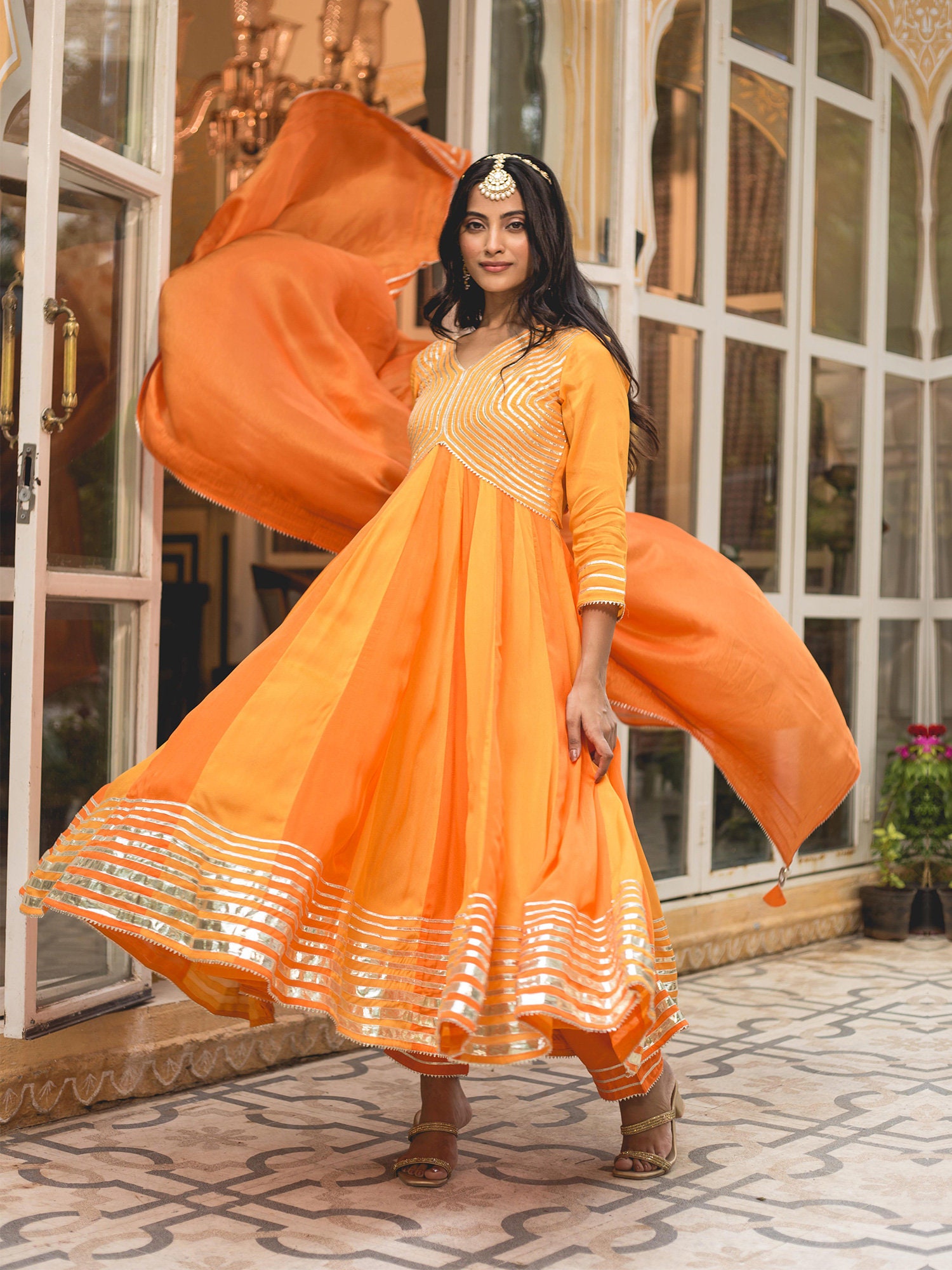 open lace back dress Tangy Orange Georgette Anarkali Style Suit Readymade L main image 0