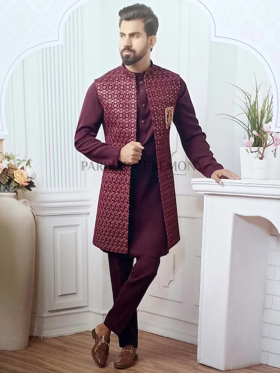 Buy SOJANYA Silk Blend Grey Kurta And Churidar Pyjama & Peach Sherwani  Jacket (Set of 3) online