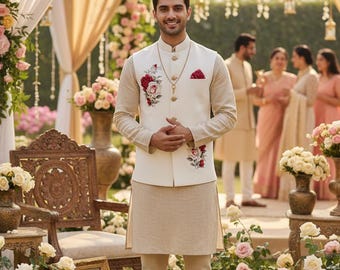 White Hand painted Nehru jacket with kurta pajama,Hand Painted Nehru jackets,Modi jacket,Koti Waistcoat Jacket,Designer Hand paint jacket