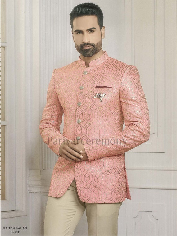 Solid Color Brocade Jodhpuri Suit in Peach (50) - Ucchal Fashion