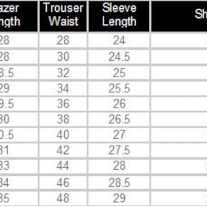 May include: A size chart for blazers, trousers, and shirts. The chart shows measurements for chest, garment size, blazer length, trouser waist, sleeve length, shoulder, and neck. Measurements are in inches.