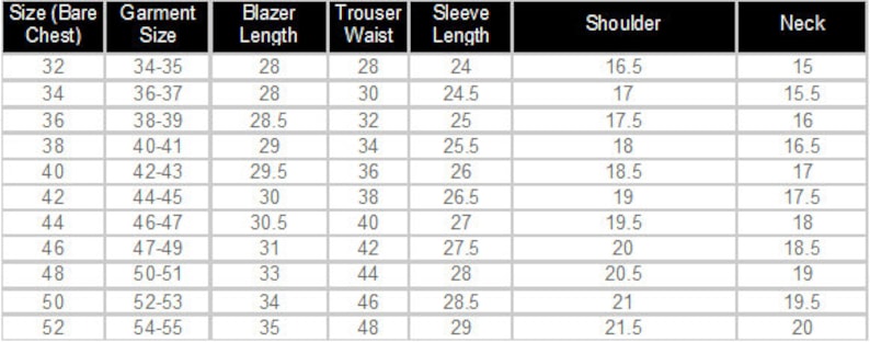 May include: A size chart for blazers, trousers, and shirts. The chart shows measurements for chest, garment size, blazer length, trouser waist, sleeve length, shoulder, and neck. Measurements are in inches.
