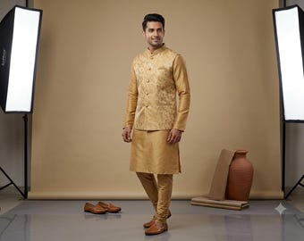 Goldene Farbe Jacquard Seide Nehru Jacke mit goldener Farbe Kurta Pyjama mit Jacke, Kurta mit Nehru Jacke, Nehru Jacke für Männer