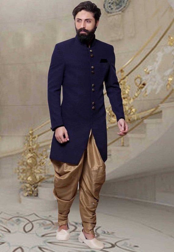 Buy Zari Fancy Fabric Indo Western Sherwani in Navy Blue Online -