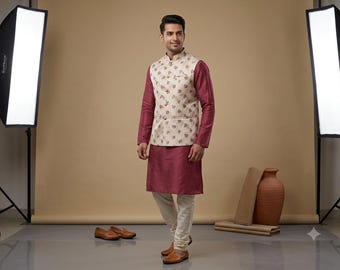 Creme Goldene Farbe Jacquard Seide Nehru Jacke mit Kastanienbraun Farbe Kurta Pyjama,Kurta Pyjama mit Jacke,Kurta mit Nehru Jacke,Nehru Jacke