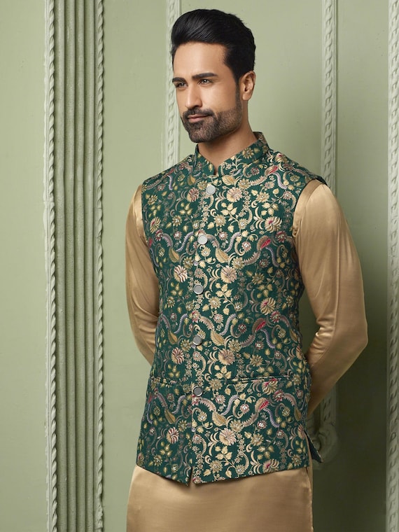 Green Color Jacquard Silk Nehru Jacket With Silk Kurta Pajama