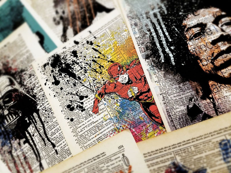 Art print on Dictionary page SUPERHEROES POP culture poster00424