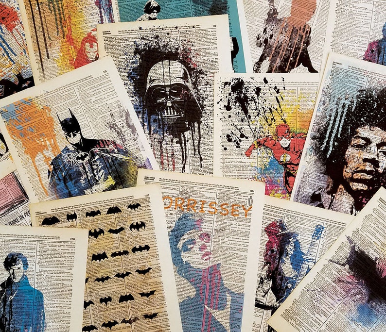 Art print on Dictionary page SUPERHEROES POP culture poster00424
