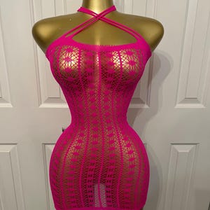 neon pink fishnet dress Natalie Rhinestone Fishnet Mini Dress - Pink