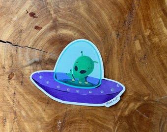 Alien im UFO Aufkleber, Digitale Illustration (8x5,5cm)