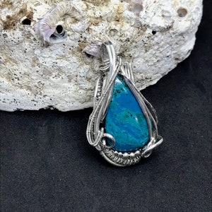 Apatite Sterling and Argentium Silver Wire Wrap Pendant - Azurite Pendant - Sterling Silver Wire Wrapped Pendant - Silver Wire Wrap Pendant