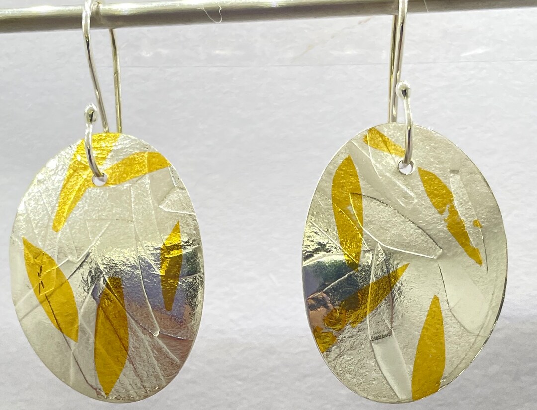 Fine Silver 24K Gold Foil. Keumboo Oval, Domed Drop Earrings. Textured