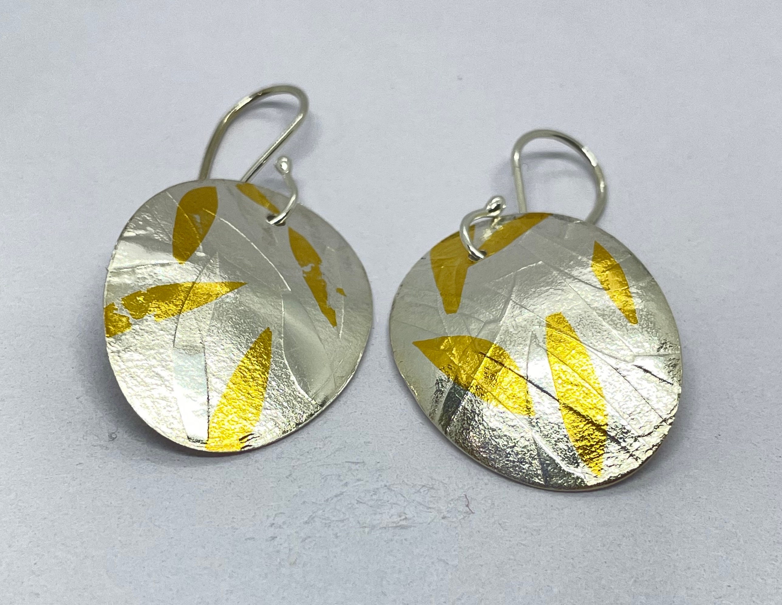 Fine Silver 24K Gold Foil. Keumboo Oval Domed Drop Earrings. Etsy