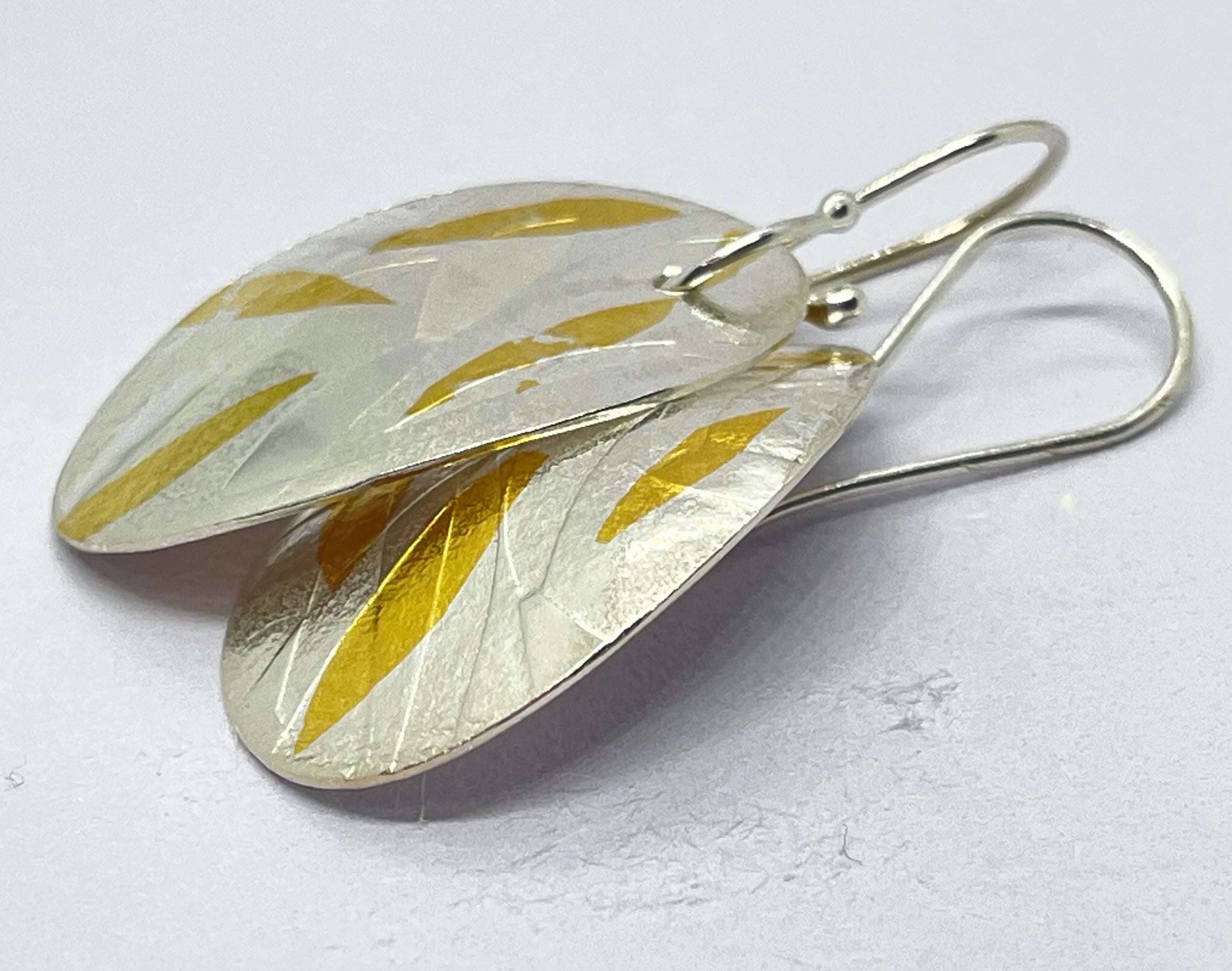 Fine Silver 24K Gold Foil. Keumboo Oval, Domed Drop Earrings. Textured