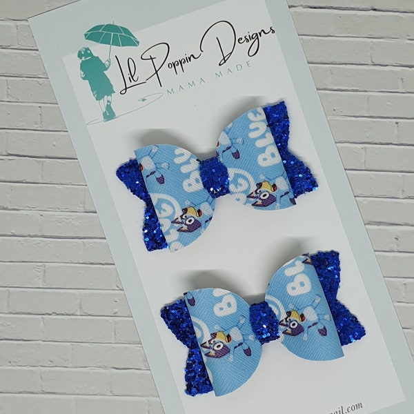 Bluey Inspired hair bow pigtail set - metallic navy blue - chunky glitter - satin - birthday gift - party bow - hair clip - exclusive