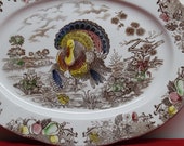 16 quot Large Oval Turkey Platter Japan, Transferware turkey and fruit pattern, Garden wild flower White and brown