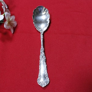 May include: A silver sugar spoon with an ornate handle and a scalloped bowl. The spoon is on a red background.