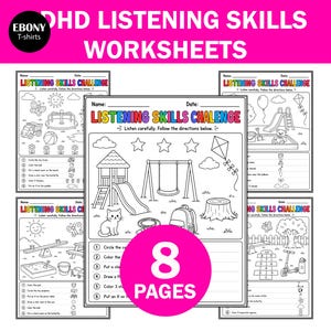 May include: A set of eight black and white printable worksheets titled Listening Skills Challenge. Each page features line art illustrations of playground scenes, including slides, swings, and animals, with numbered instructions for children to follow.