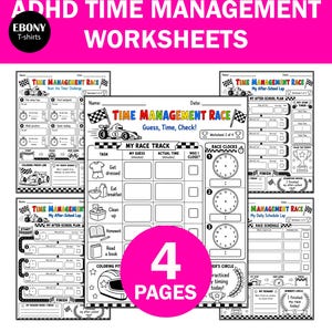 May include: A set of four black and white ADHD time management worksheets featuring a race car theme. Each page includes sections for tasks, time tracking, and goal setting with race track graphics, checkered flags, and clock illustrations.