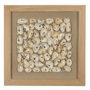 May include: A framed artwork featuring a collection of oyster shells arranged in a grid pattern on a beige background. The shells are a light cream color with some brown accents.