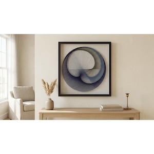 May include: A square wall art piece featuring a circular string art design in shades of dark blue and light blue thread. The threads are arranged in a geometric pattern within a dark brown frame, creating a layered, swirling effect on a light background.