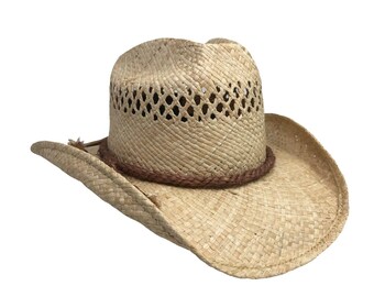 May include: A straw cowboy hat with a brown braided band and a woven pattern on the crown.
