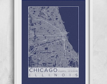 Chicago Illinois City Map Print Poster Blueprint Architect Windy City Lake Michigan Custom City Art Prints Custom Map Any City USA World