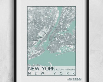 New York City New York Map Print Poster Blue Green NYC Central Park Custom City Art Prints Custom Map Any City USA World Art Print Poster