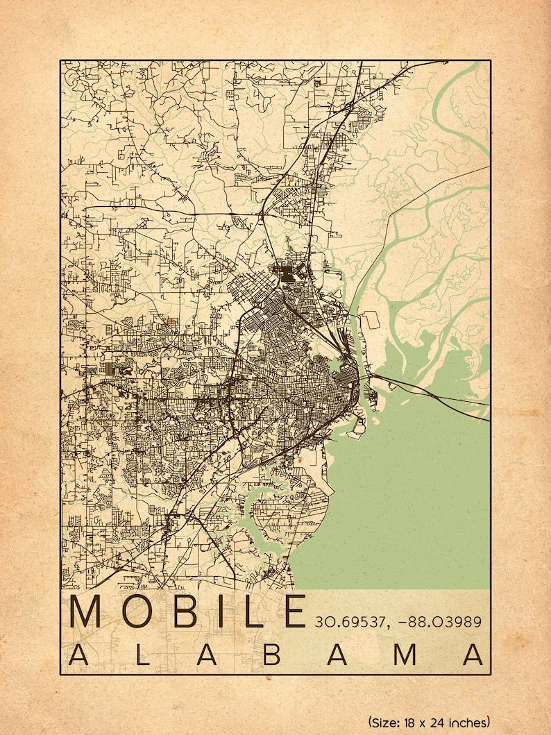 Mobile Alabama City Map Print Poster Antique Vintage Aged Etsy
