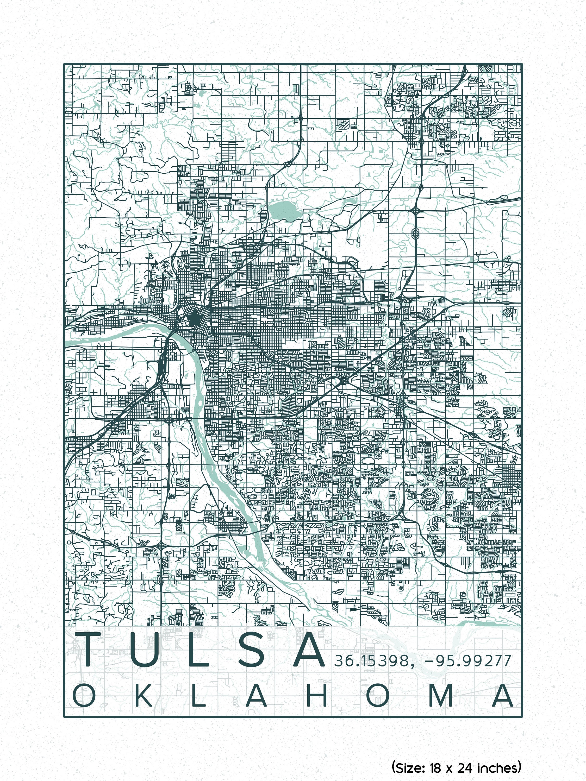 Tulsa Map Print Poster Blue Green Downtown Tulsa Oklahoma Okie | Etsy