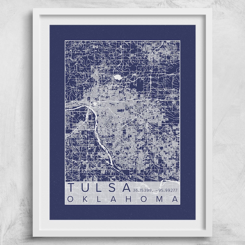 Tulsa Map Print Poster Blue Green Downtown Tulsa Oklahoma Okie Etsy