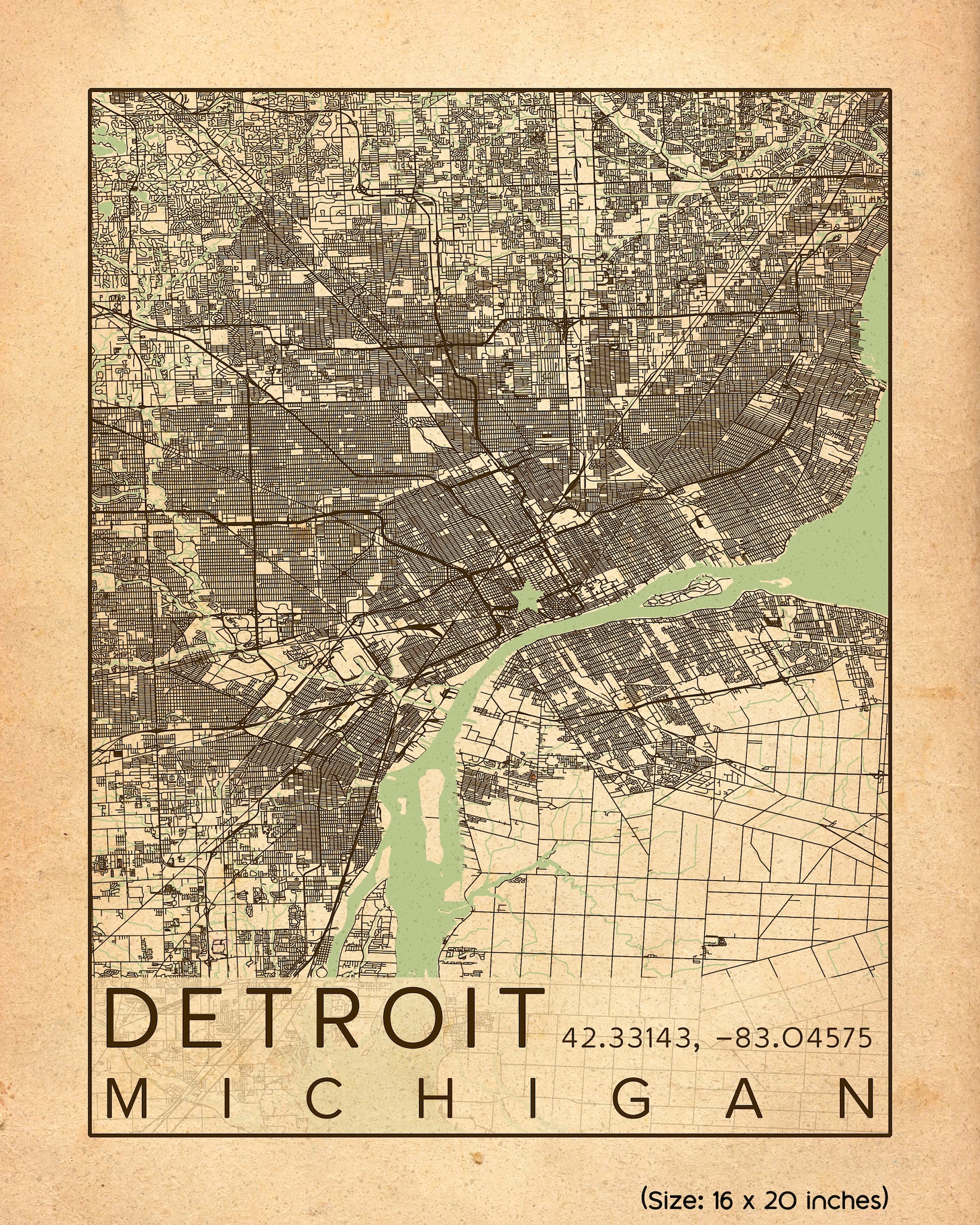 Detroit City Map Print Poster Antique Vintage Aged Detroit - Etsy